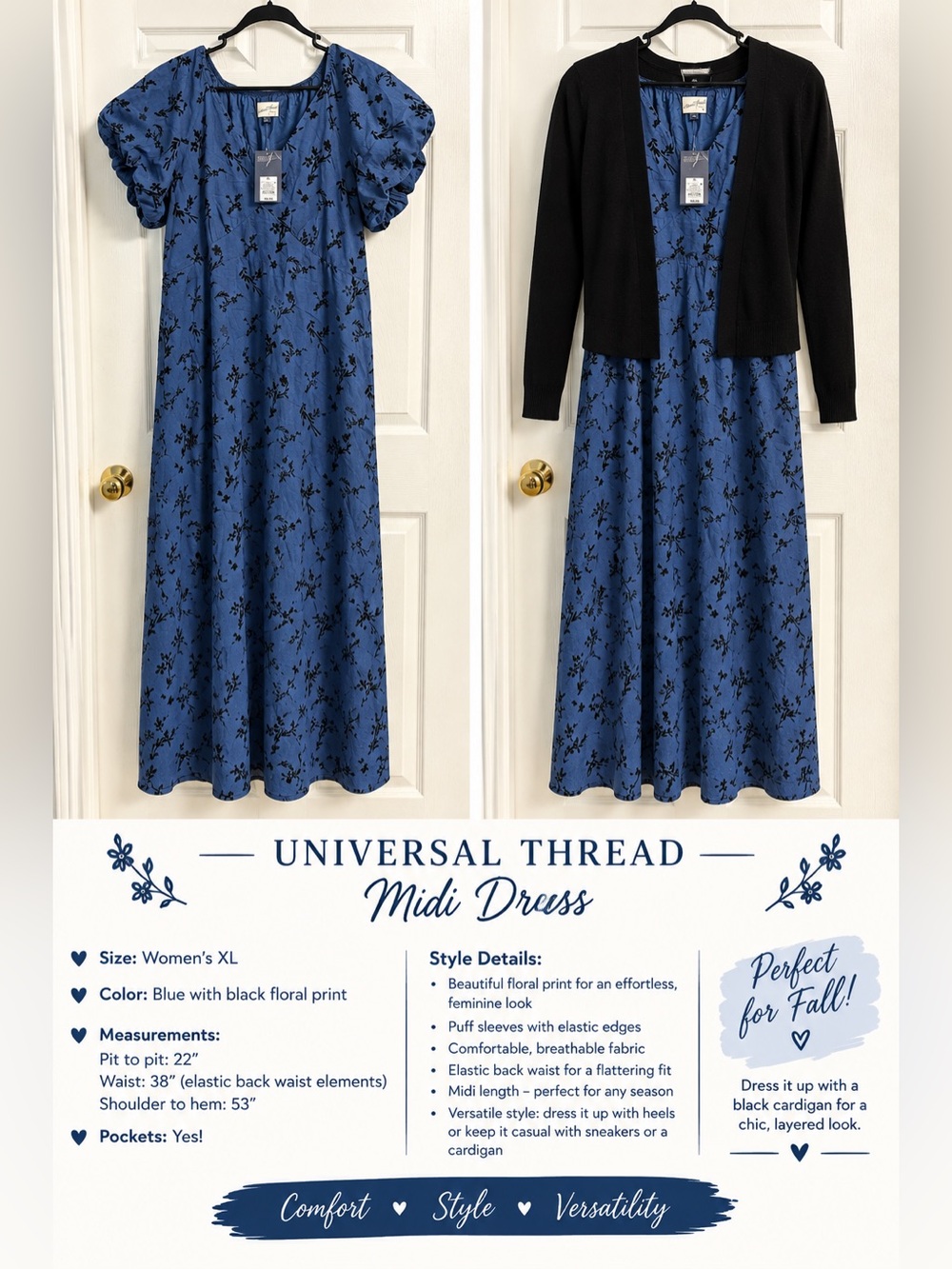Women’s Universal Thread Blue Floral Midi Dress with Black Print